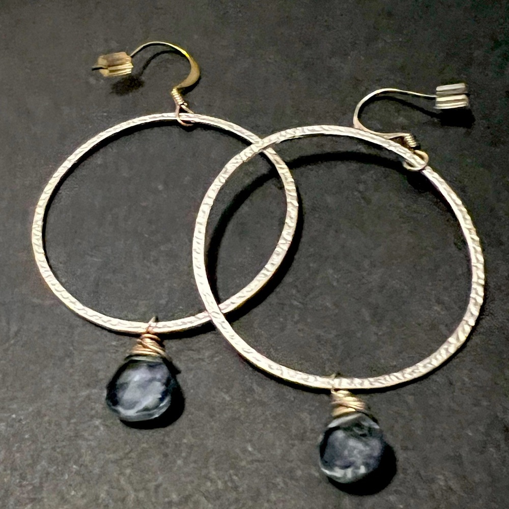 New Sterling Silver Hoops with Tear Drop Gemstones. Made by Artisan Jeweler
